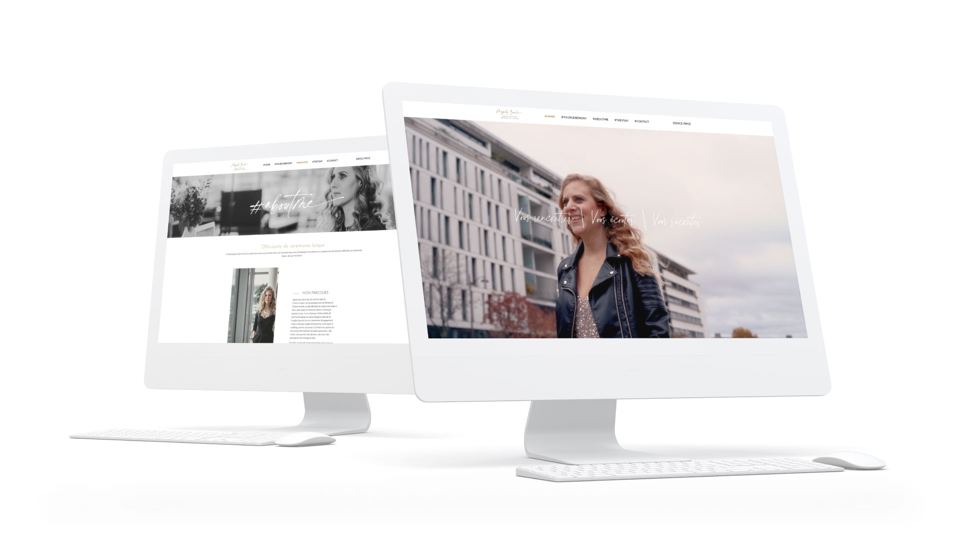 iMac avec la présentation des pages d'accueil et about me du site vitrine de Magaly ZARKA