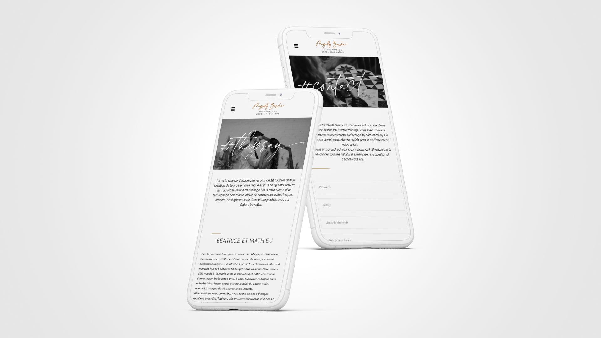 iPhone avec la présentation des pages the say et contact du site vitrine de Magaly ZARKA