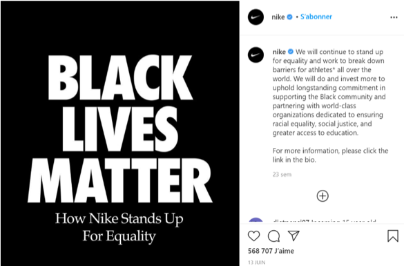 Publication de Nike sur Instagram Black Lives Matter - Les 8 tendances social media en 2021 - L'agence Com' Kani