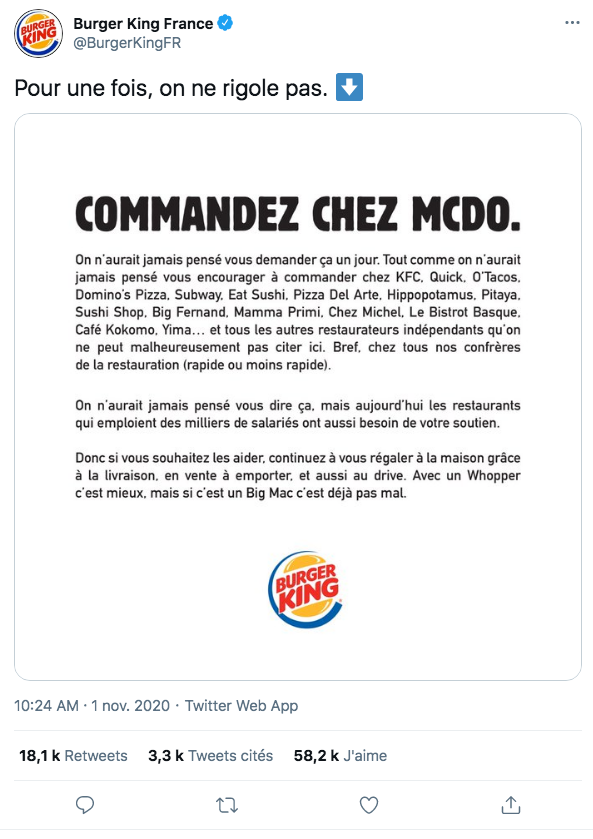 Tweet de Burger King durant le COVID -19