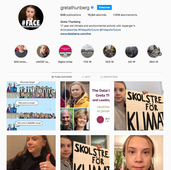 Feed Instagram de Greta Thunberg - Les 8 tendances social media en 2021 - L'agence Com' Kani