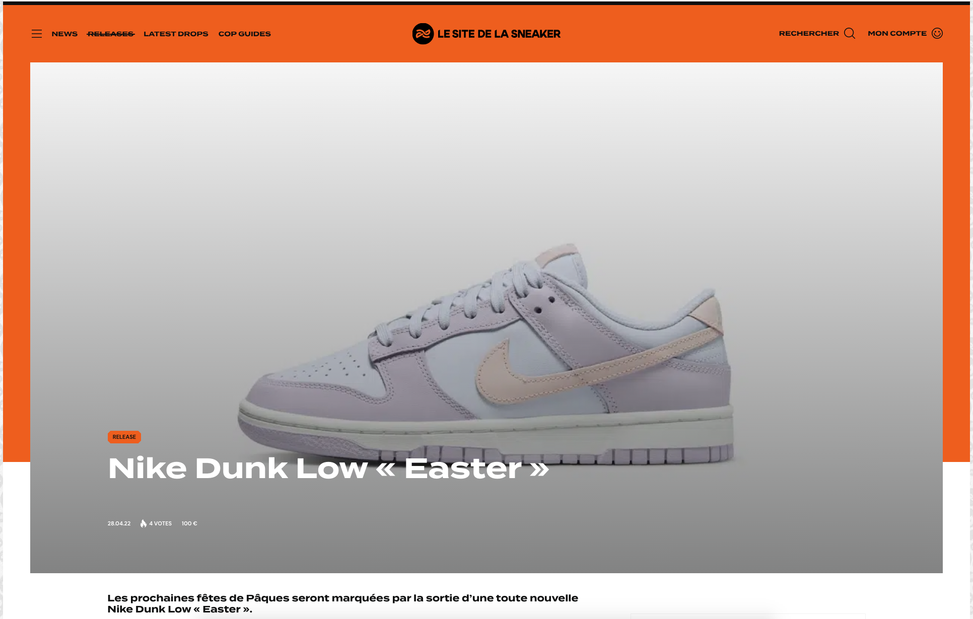 Page du site internet de "Le site de la sneaker" avec la paire de Nike Dunk Low de la collection de Pâques "Easter"