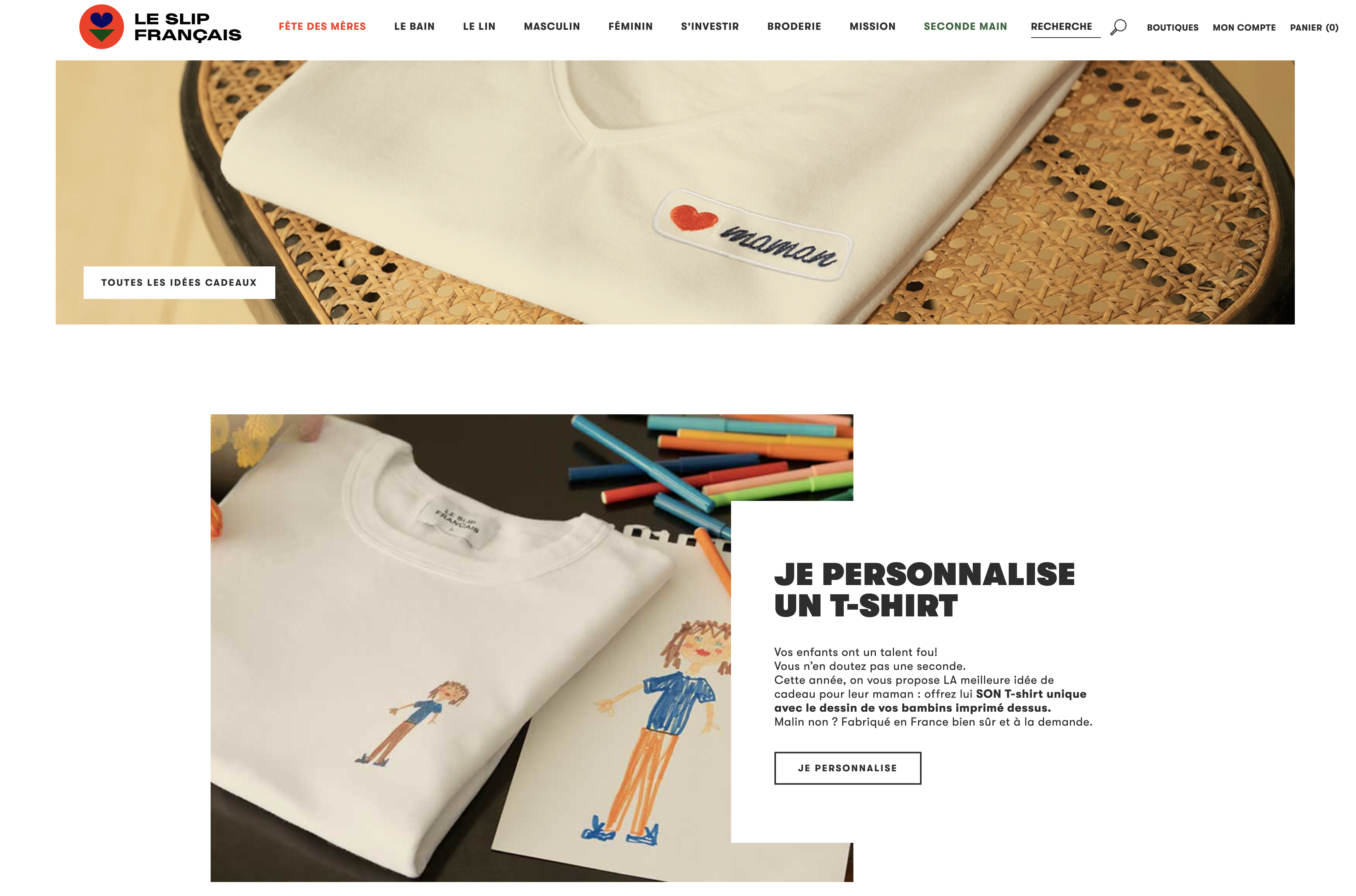 Page du site internet de Le Slip Français sur la rubrique de personnalisation de t-shirt 
