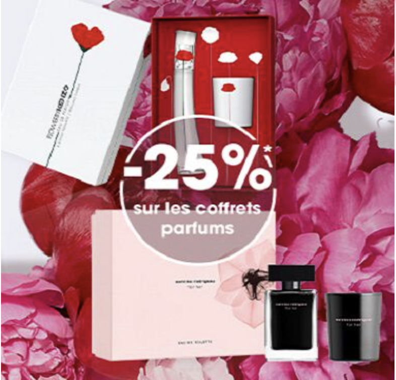 Visuel avec une promotion de -25% sur les coffrets parfum de Sephora