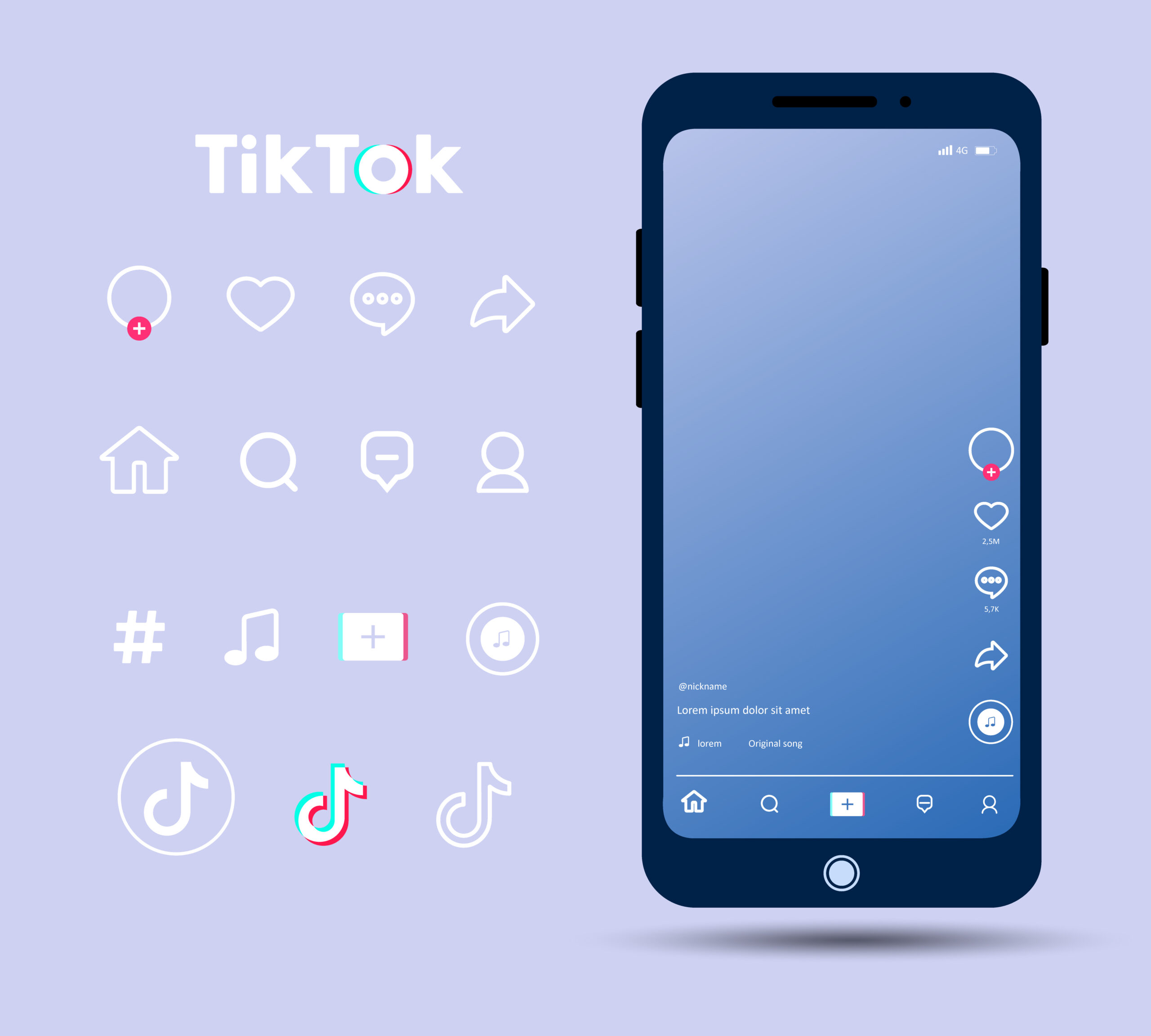 TikTok interface sur smartphone et ses icônes