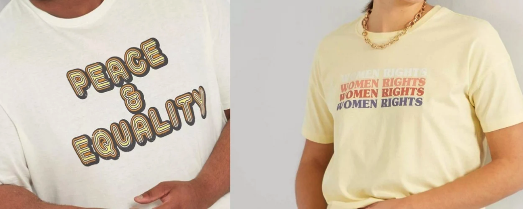 Photo de 2 t-shirts Kiabi avec inscription "Peace & equality" et "Women rights"