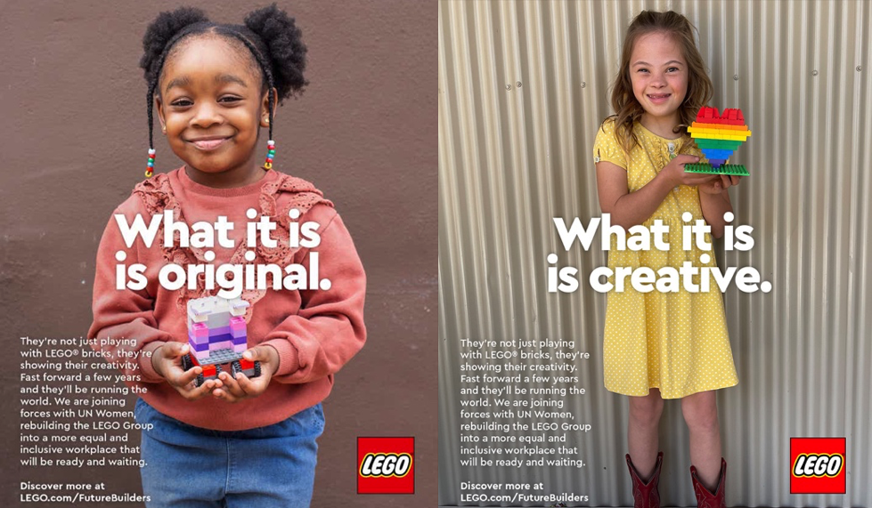 Affiche lego avec petite fille tenant une construction en lego