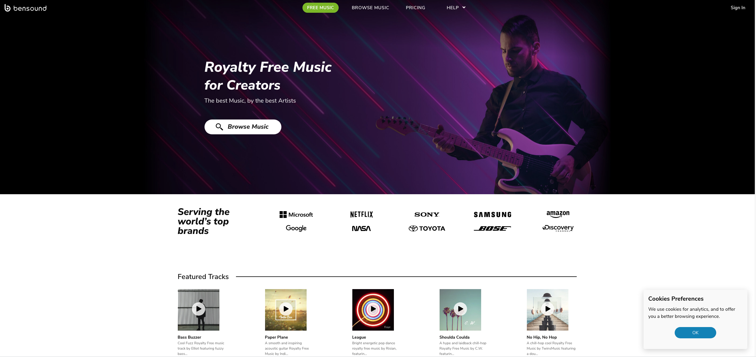 Interface du site de la banques de musiques libres de droits Bensound