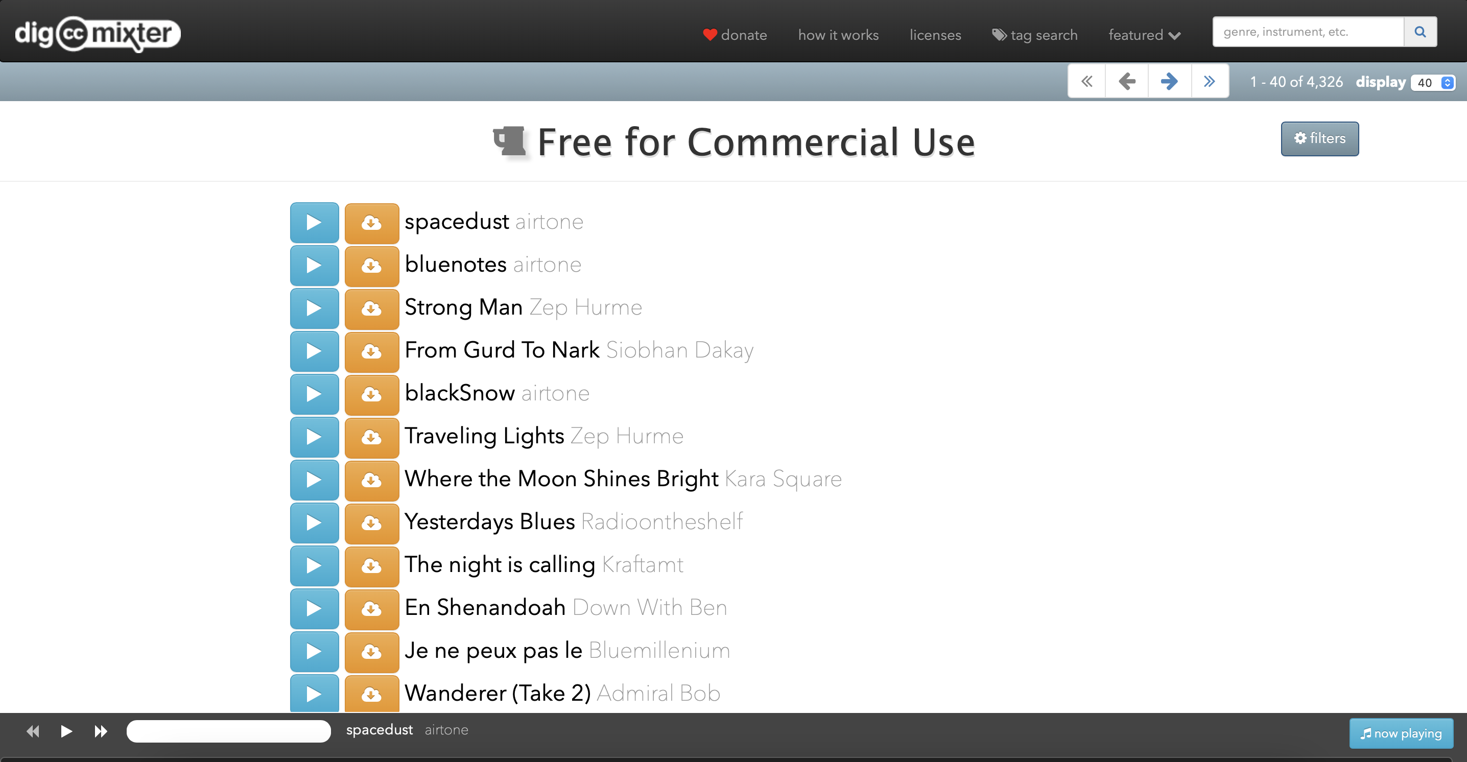 Interface du site de la banques de musiques libres de droits Dig CC Mixter