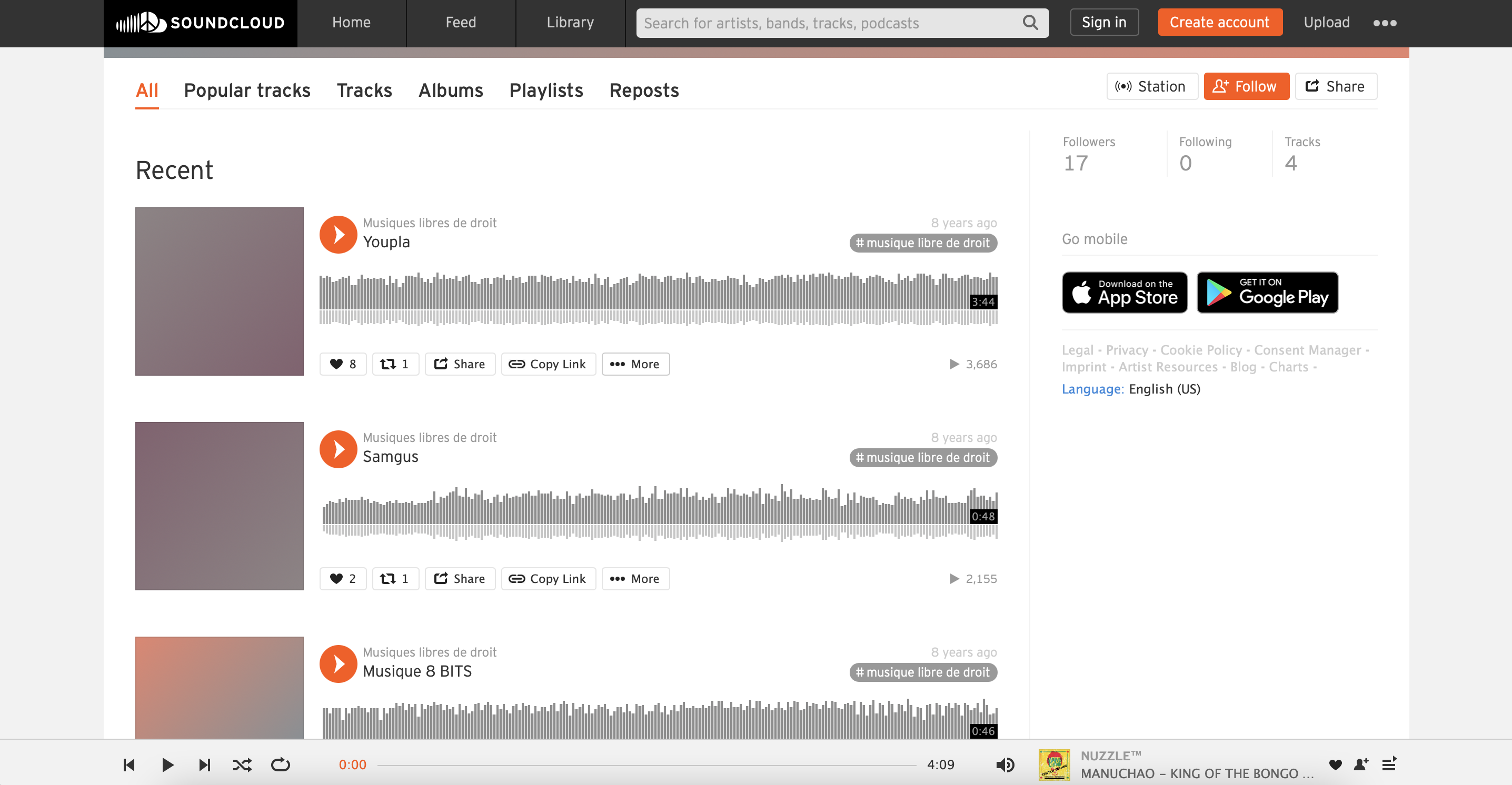 Interface du site Soundcloud