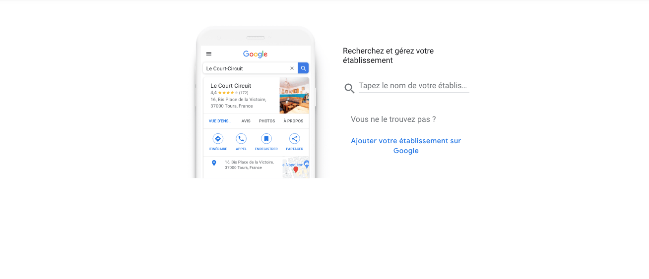 Interface de la page "Recherchez et gérez votre établissement" du site de Google My Business