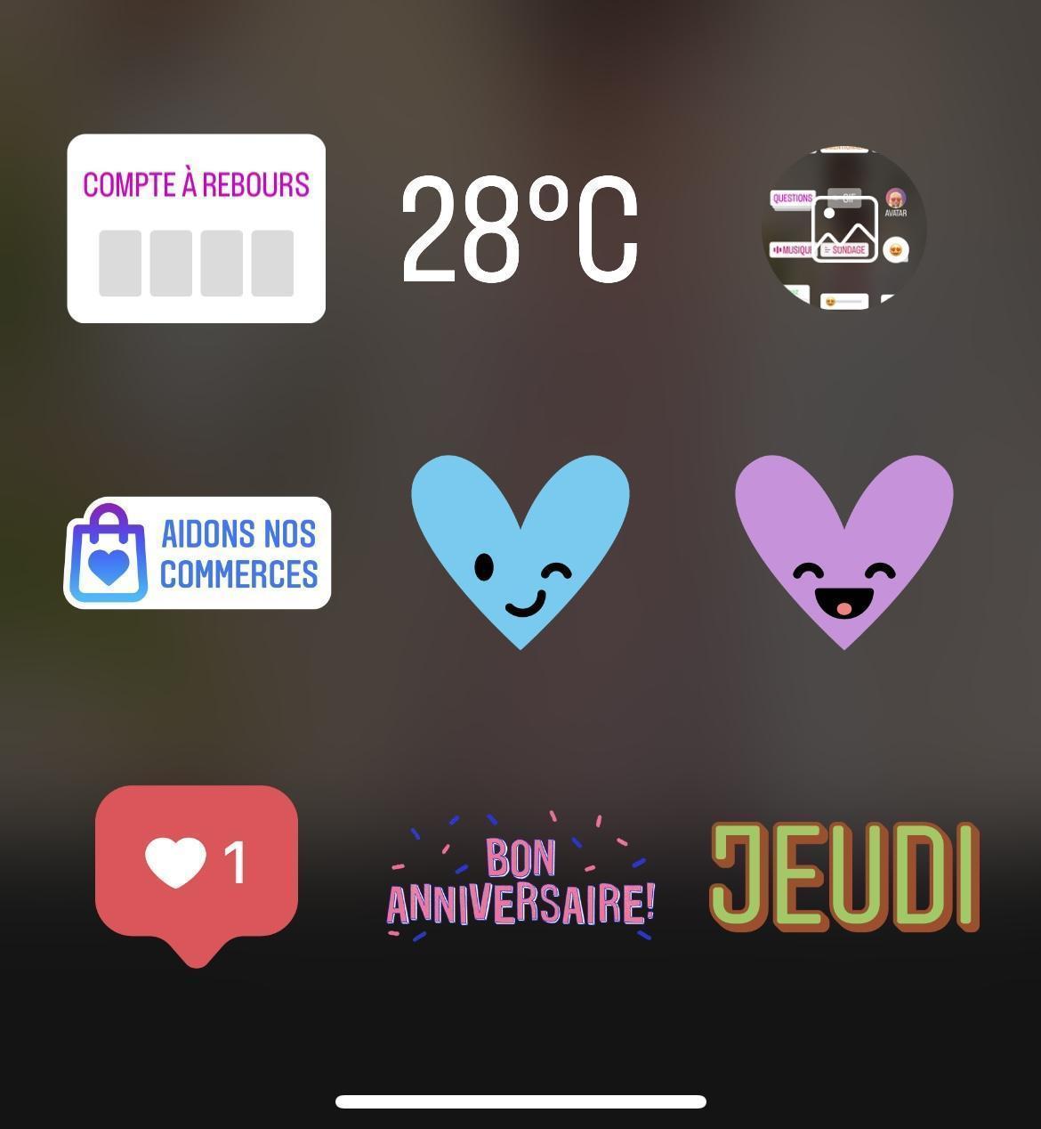 Capture d'écran des stickers que propose Instagram pour ses stories