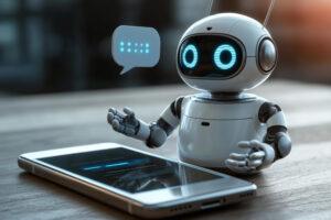 Petit robot blanc futuriste aux yeux bleus lumineux assis à côté d'un smartphone sur une table en bois, avec une bulle de dialogue flottante au-dessus de lui.