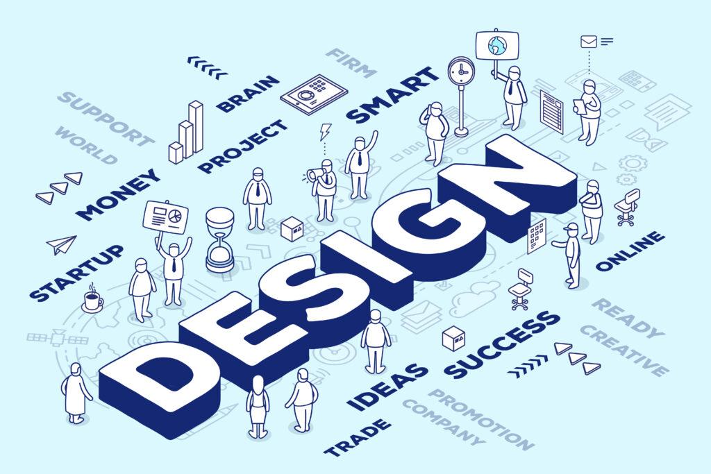 Illustration vectorielle représentant un mot en trois dimensions avec des personnages et des étiquettes sur fond bleu avec schéma. Concept de design global. Design en style 3D à lignes fines pour le web, les sites et les bannières.