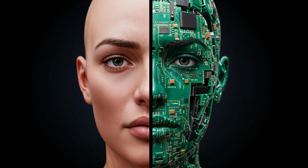 Visage mi-humain mi-technologique symbolisant l'intelligence artificielle 