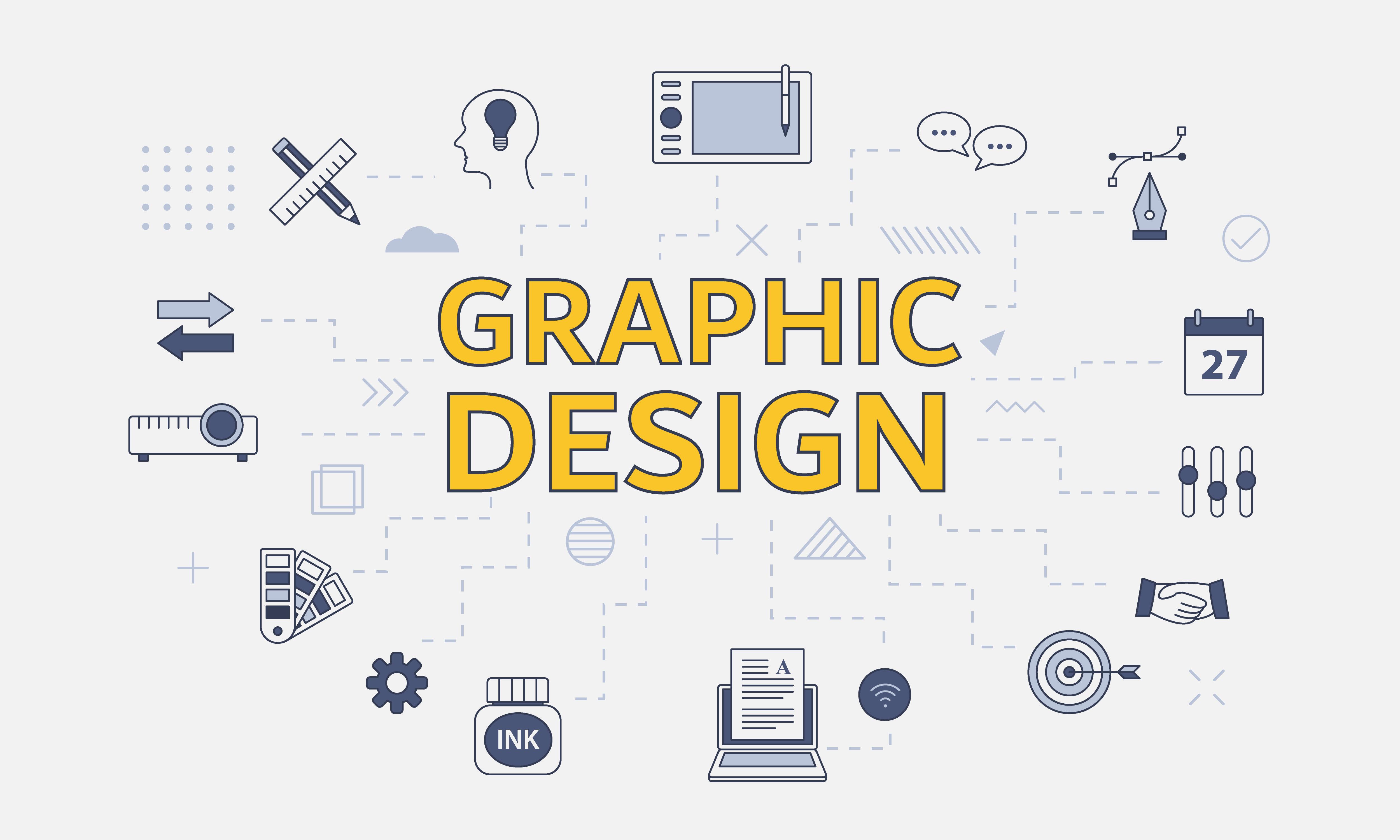 Illustration avec texte graphic design au centre et un set d'icônes autour