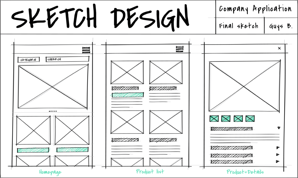 Croquis de wireframes représentant la structure de pages web et d'une application